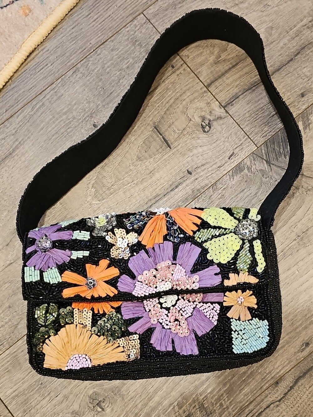 Embroidered Floral Beaded Shoulder Bag - Black with Purple & Orange Flowers